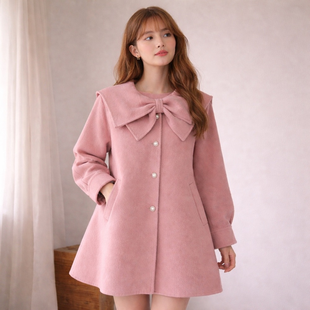 100% Wool Blush Pink Bow Collar Coat Pearl Buttons Size S Floor Model